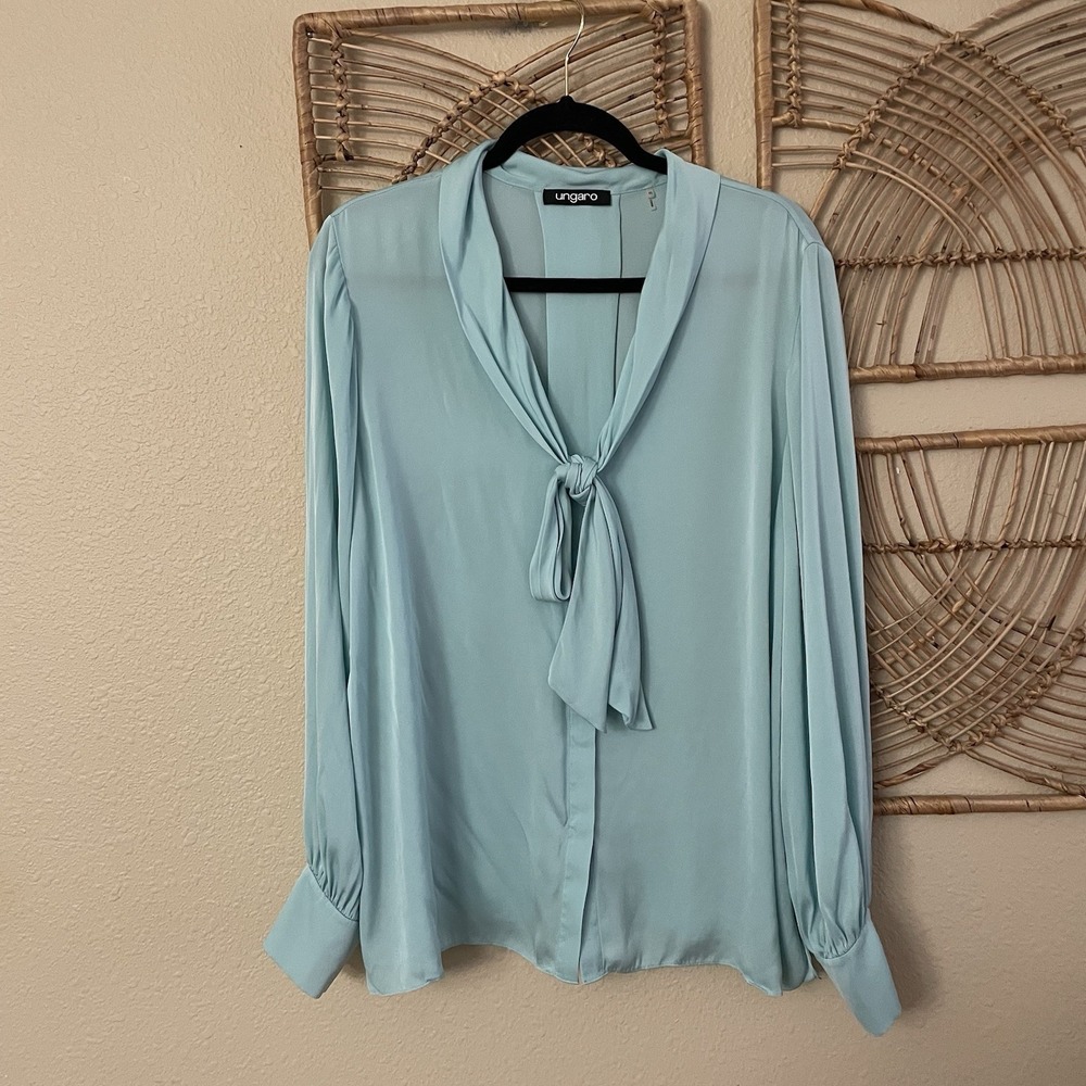 Emanuel Ungaro Ella‎ Tie-Neck Silk Top Blouse Blue Quiet Luxury $545 Sz XXL B22